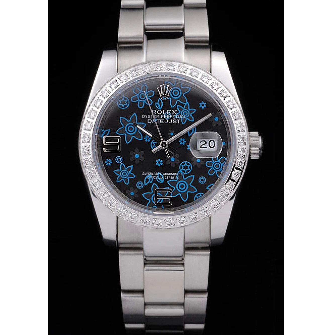 Rolex copies cheap Polished Dark Dial Flowers Blue Plated Stainless Steel Rolex Datejust Diamond 0721